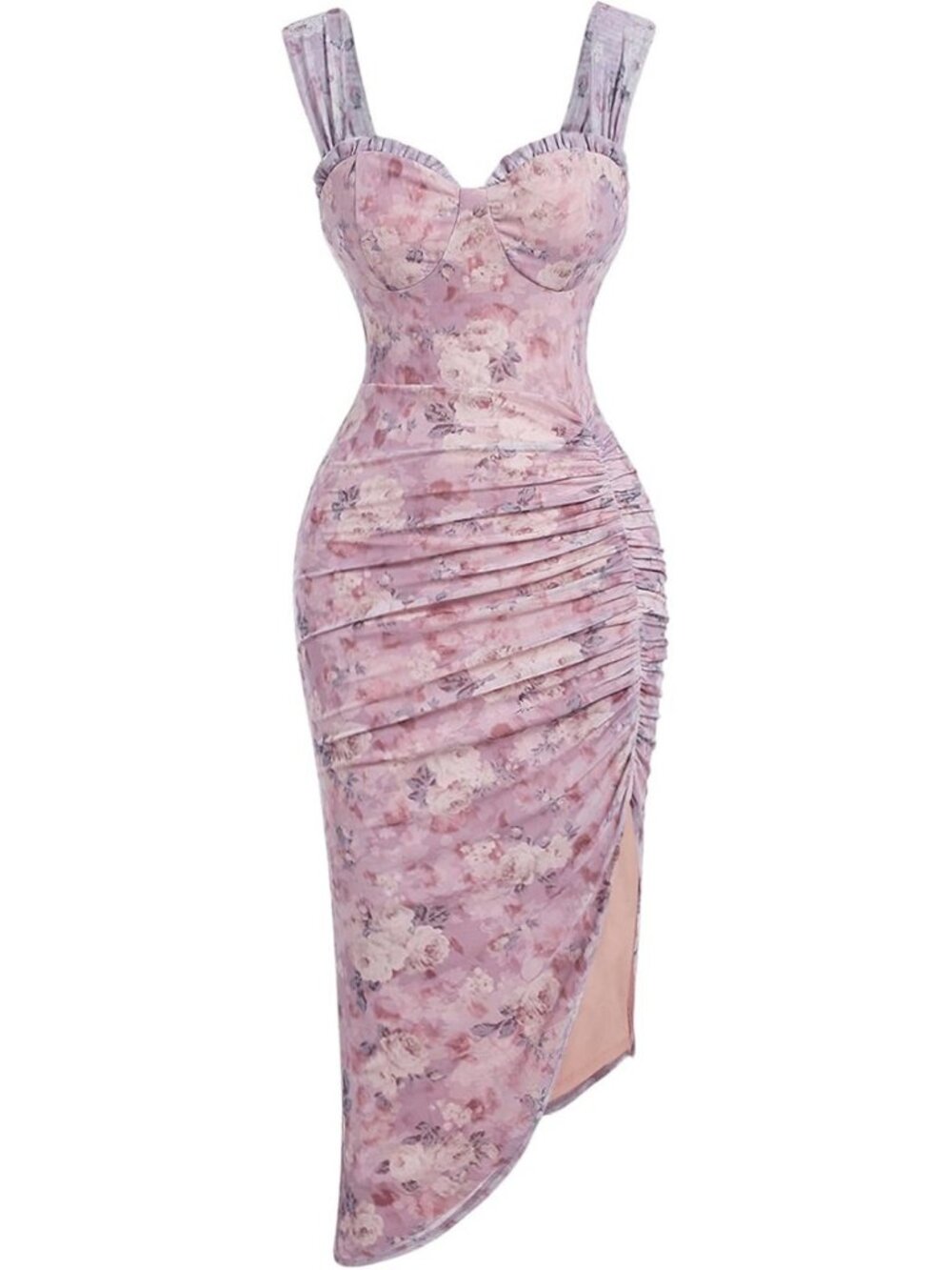 Floral Asymmetrical Midi Dress with Slit - Elegant Cami Cocktail Dress for Women